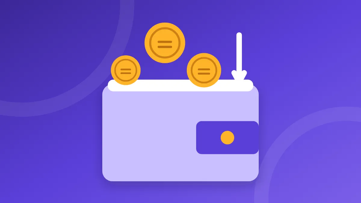 Coins dropping into a purple wallet, with a white arrow pointing down