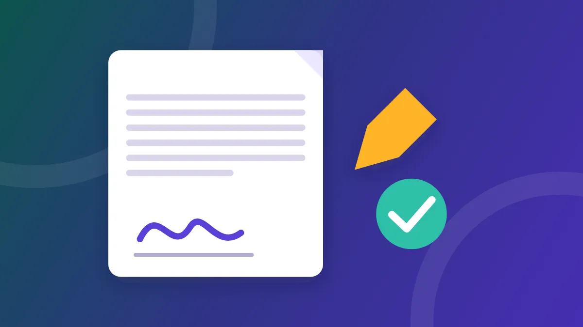 A terms document with a handwritten signature line, a pen and a green circle with a check mark