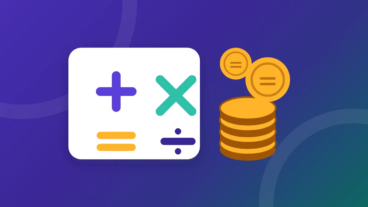 Plus and multiplication signs on a white card, with a stack of coins next to them
