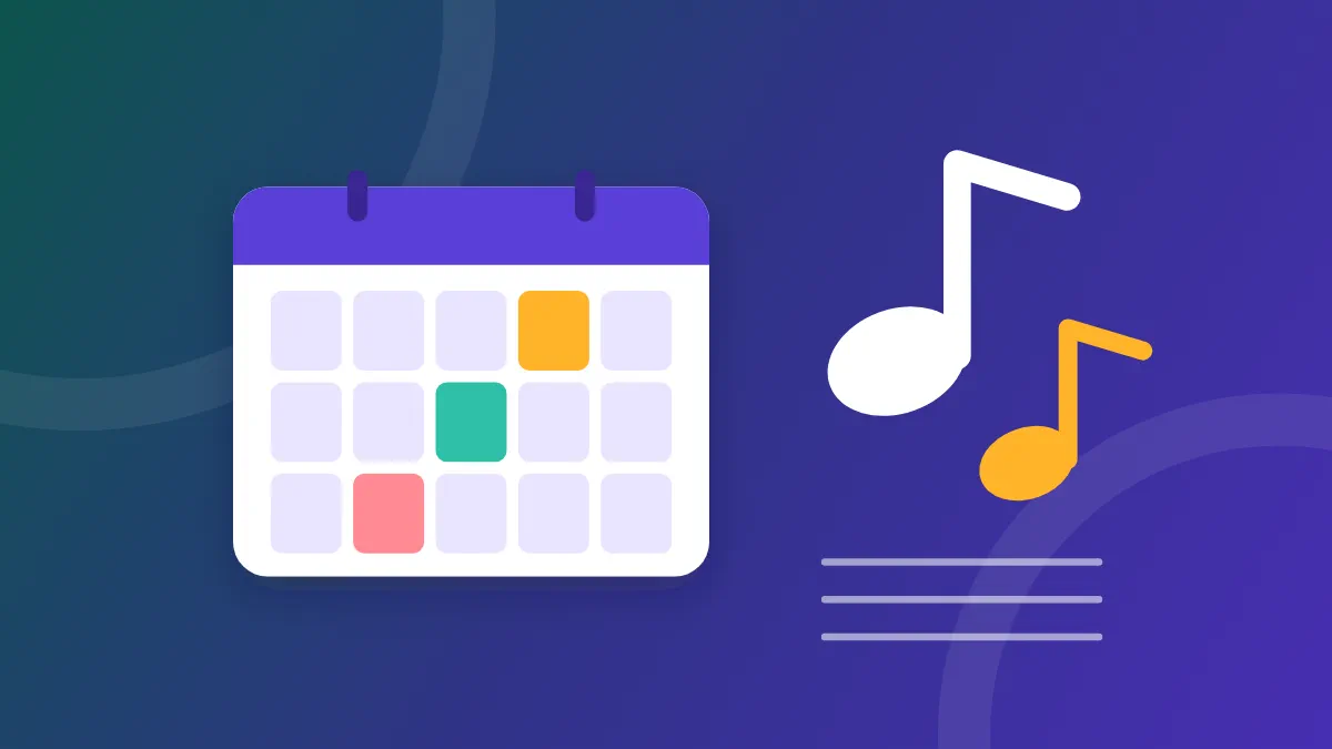 A weekly schedule with three coloured lessons and two music notes beside it