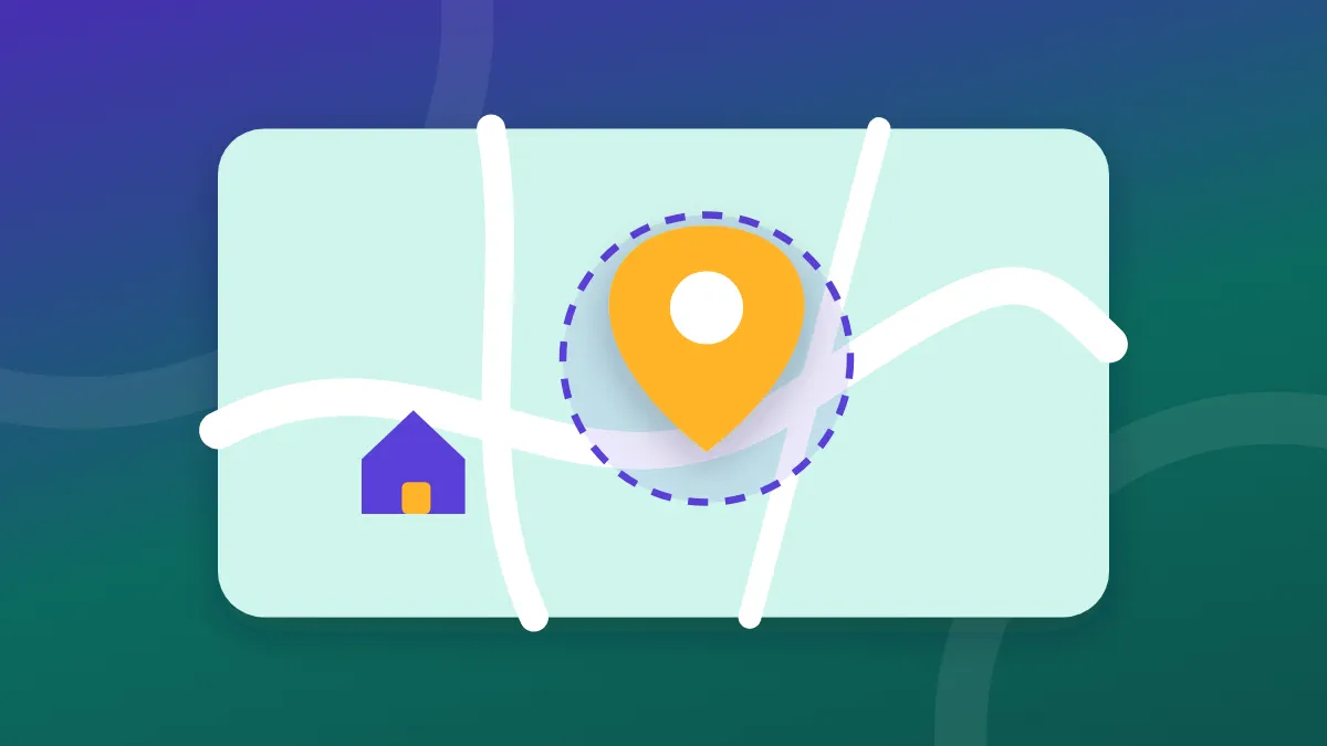 A map with a small house, a dashed circle and an amber location pin